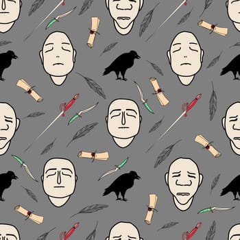 magic pattern with faces, scroll and black raven. illustration. halloween pattern