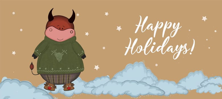 Christmas kraft paper card, hand drawn style. illustration of the year of the bull 2021. Happy holidays.