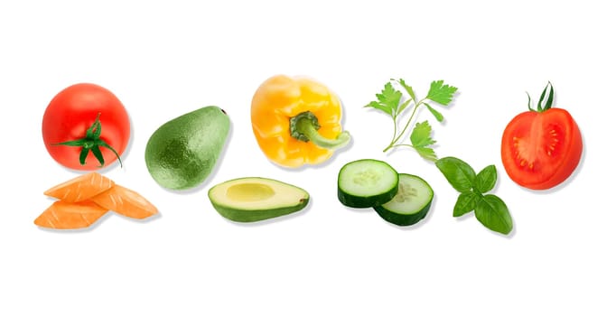 Isolated vegetable. Raw vegetables top view. Carrot, avocado, bell pepper, cucumber, tomato, basil and parsley herbs isolated on white background. Panorama website header banner. High quality photo.