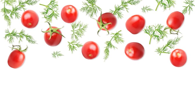 Isolated vegetable. Raw tomato fruits and fresh dill. top view isolated on white background. Panorama website header banner. High quality photo.