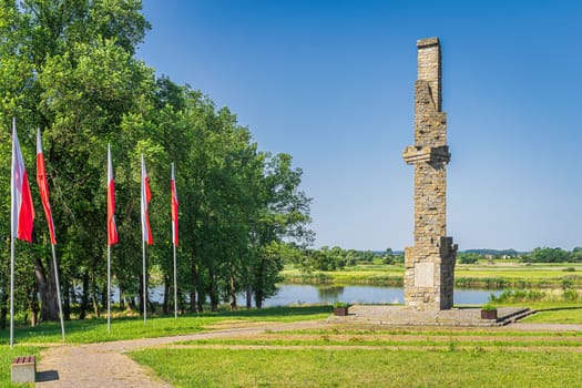 Czelin, Poland, June 2019 Obelisk or monument symbolizing the first polish border post. On February 1945, soldiers of the First Polish Army set the first border post on the bank of the Oder River