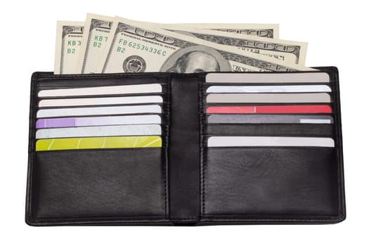 Closeup of a open new black genuine leather wallet with US dollars banknotes and various plastic cards isolated on a white background. Financial and business concept.
