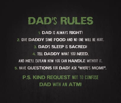 DAD's rules funny text art illustration for printing as a gift on father's day. Trendy and creative design, hipster banner composition. Humorous family relationship, love dad typography.