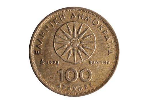 Greek 100 drachmas coin dated 1992 showing Star of Vergina the symbol of the Argead Dynasty cut out and isolated on a white background