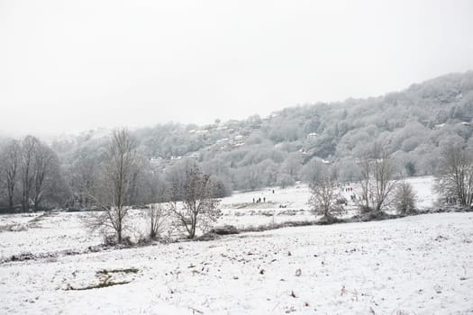 Malvern, United Kingdom, 28th December, 2020: Snow covered trees and hills of english countryside. Wyche cutting background over snowy common land.