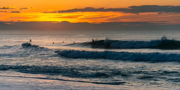 Surfers trying to catch a wave at sunset in Biarritz, France