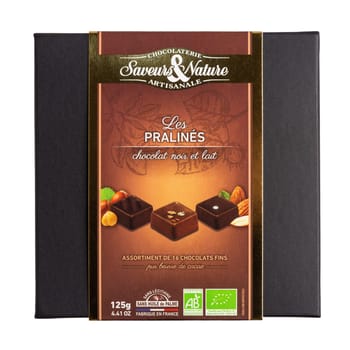 BAYONNE, FRANCE - CIRCA DECEMBER 2020: Saveurs et Nature box of praline organic chocolates isolated on white. Does not contain soy lecithin and palm oil.