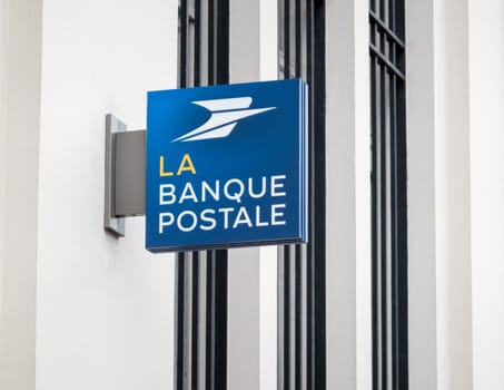 BAYONNE, FRANCE - CIRCA DECEMBER 2020: La Banque Postale sign. La Banque Postale is a French bank created on 1 January 2006.