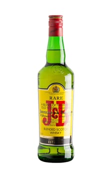 Bottle of JB Rare whisky isolated on white. The JB Rare is a blended Scotch whisky developed by Justerini and Brooks.