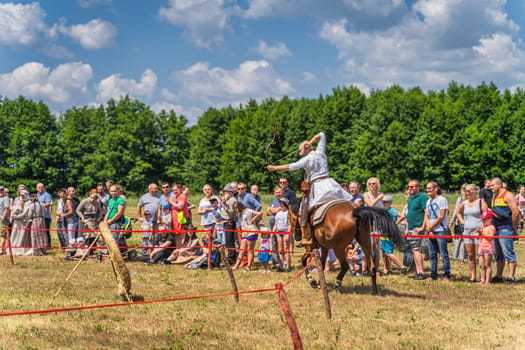 Cedynia, Poland June 2019 Mounted archery or horseback archery show at historical reenactment of Battle of Cedynia from 11th century