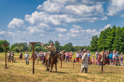 Cedynia, Poland June 2019 Horseback riding skills show on historical reenactment of Battle of Cedynia from 11th century