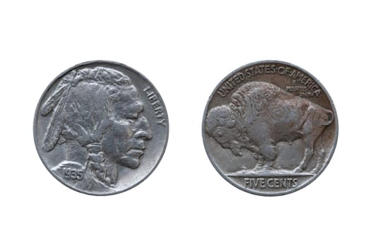 USA five cents Buffalo Indian Head nickel coin dated 1935 front and back (obverse and reverse) cut out and isolated on a white background
