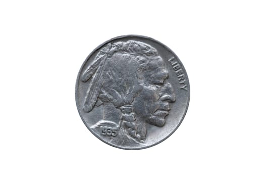 USA five cents Buffalo Indian Head nickel coin dated 1935 front  (obverse) cut out and isolated on a white background
