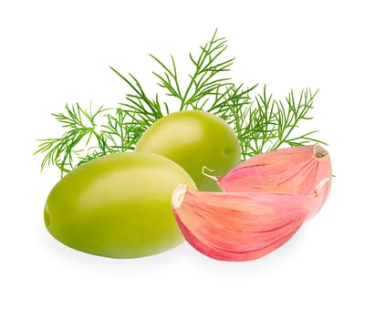 Isolated spices. Two green olives, garlic cloves and parsley leaves on white background with clipping path as package design element and advertising. Full depth of field.
