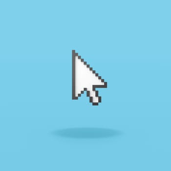 Arrow Mouse Pointer Pixelated on Flat Blue Background with Shadow 3D Illustration