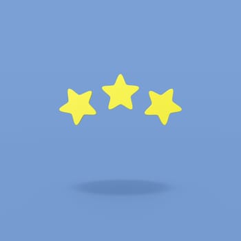 Three Yellow Stars Shapes on Flat Blue Background with Shadow 3D Illustration