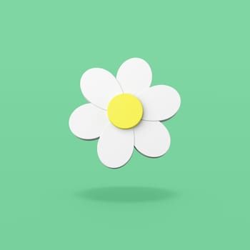 White Daisy Flower 3D Shape on Flat Green Background with Shadow 3D Illustration
