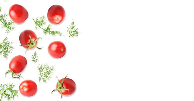 Isolated vegetable. Raw tomato fruits and fresh dill. Top view isolated on white background. Panorama website header banner. High quality photo.
