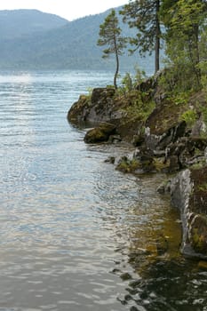 Lake Teletskoye with calm water on a summer day