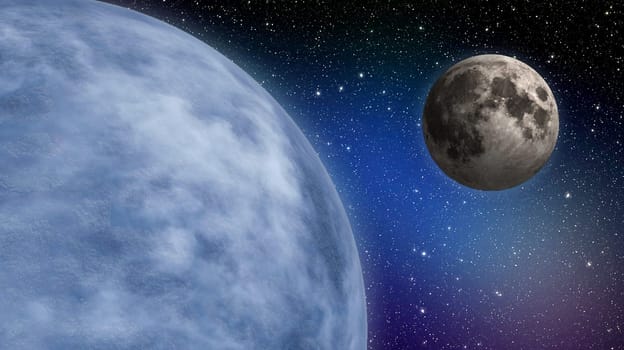 Planet Earth and Moon simulation with stars for space travel background