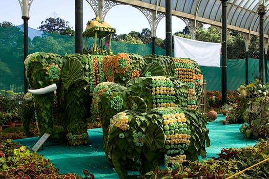 Elephants built up of leaves and decorated with flowers at Republic Day Horticultural Show in Lalbagh Botanical Garden, Bengaluru, Karnataka, India, Asia