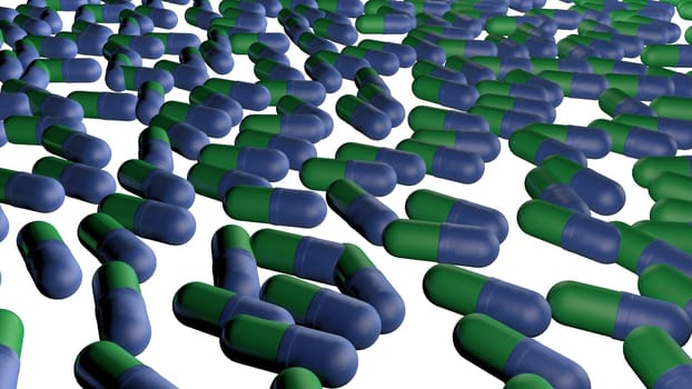 Colorful capsule pills (3d rendered) with transparent gel body and shining looks over a white background.