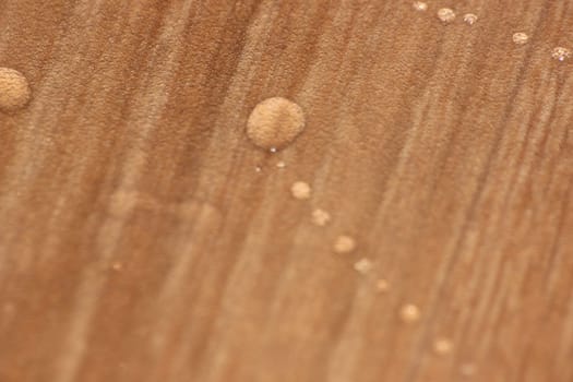 Closeup selective focus view of water drops on wooden floor. Abstract raindrops pattern on wooden board