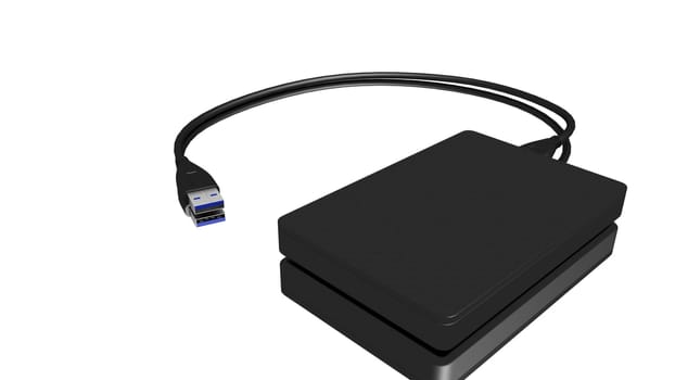 Portable external hard disk drive with USB cable on white background. Pocket size hard drive. 3D rendered illustration