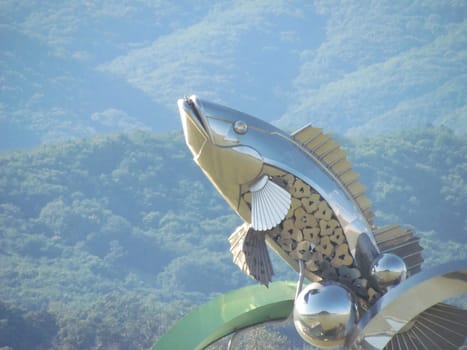 Chuncheon, South Korea- 19th Sep, 2020: The Statue of fish in middle of Soyanggang or soyang river with blue sky