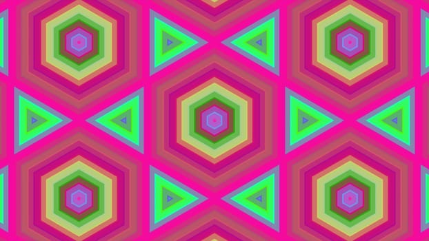 Abstract background of colorful hexagon and different surrounding rings. Abstract hexagon background.