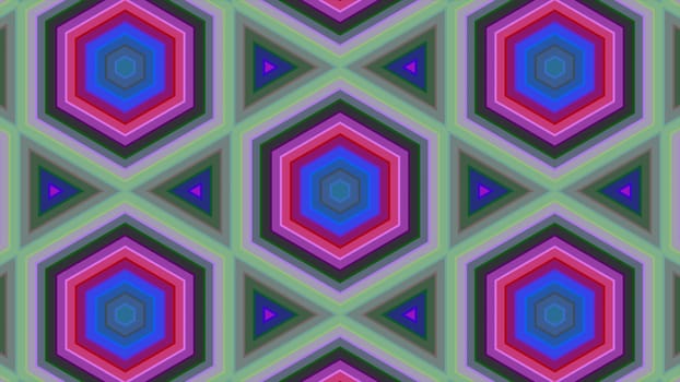 Abstract background of colorful hexagon and different surrounding rings. Abstract hexagon background.