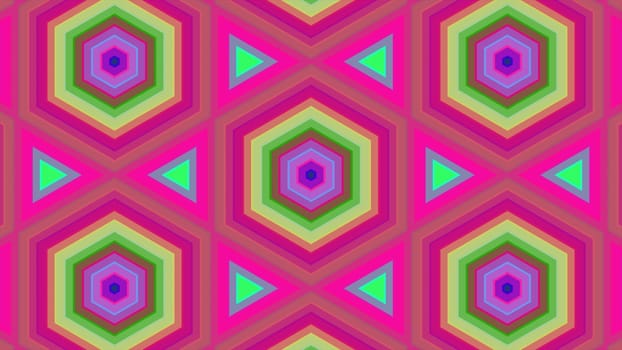 Abstract background of colorful hexagon and different surrounding rings. Abstract hexagon background.
