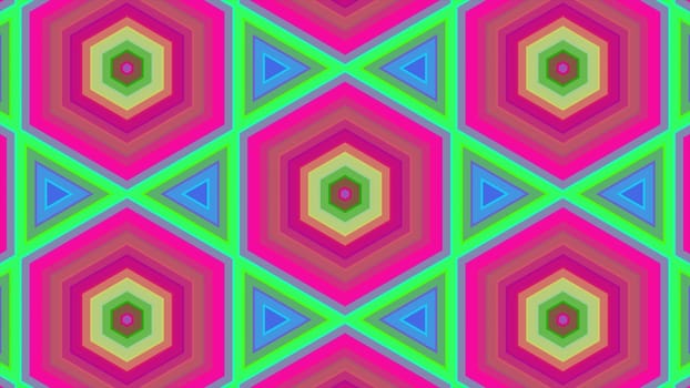 Abstract background of colorful hexagon and different surrounding rings. Abstract hexagon background.