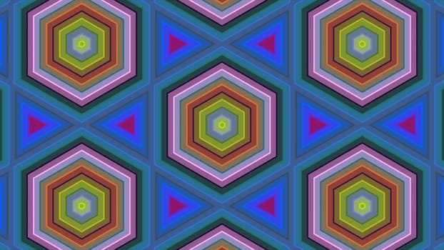 Abstract background of colorful hexagon and different surrounding rings. Abstract hexagon background.