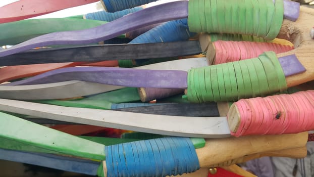 colorful handmade slingshot wooden catapult. Slingshot is usually used by kids for playing games in rural areas of Asian countries.