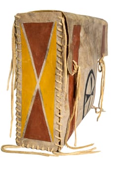 Transport box made of rawhide indian painted with leather cords isolated on white