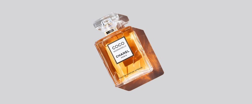 Coco Chanel perfume bottle on a uniform gray background. 2020-07-05 Samara.