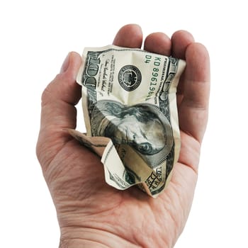 A crumpled hundred-dollar cash bill in his hand. Isolated on a white background.