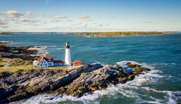 Aerial view of the historic Portland Head Light in Cape Elizabeth, Maine