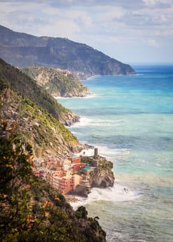 Scenic view of the coasline of Cinque Terre National Park and the village of Vernazza