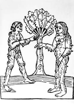 Savage couple. 15th Century engraving. Mandaville, Travels and Wanderings through the Holy Land. Strasbourg, 1483