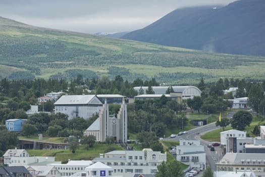 Akureyri, Iceland - July 27, 2017: View of a city center and Akureyrarkirkja church in Akureyri in Iceland.