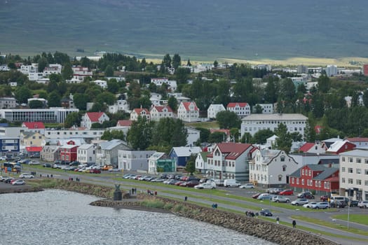 Akureyri, Iceland - July 27, 2017: View of a city center and Akureyrarkirkja church in Akureyri in Iceland.