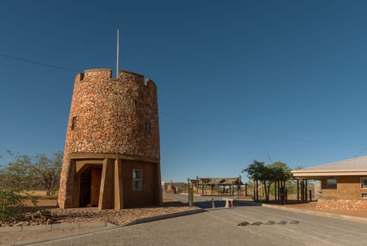 Tower at Galton Gate the western entrance of Etosha National Park, Namibia