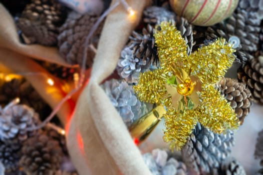 Christmas tree ornaments defocused lights background, stock photo