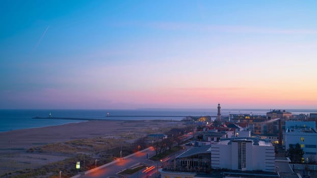 Panorama of coast and lighthouse of Warnemuende town on German Baltic Sea coast