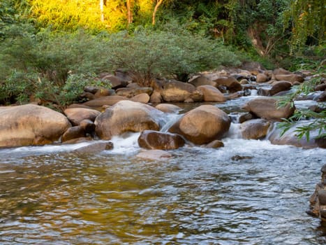 A long-exposure shot of a small creek flowing through a brown rock. And there are green trees as a backdrop. It is a specific focus.