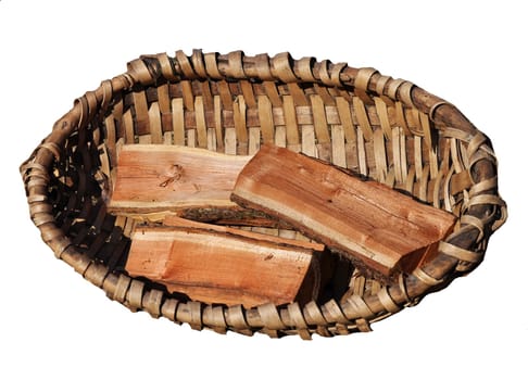 Old frame basket with firewood isolated on white