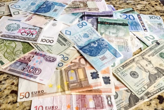 A mixture of different currencies, rubles, dollars and euros.