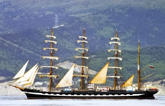 Sailing ship at sea. Ship with sails